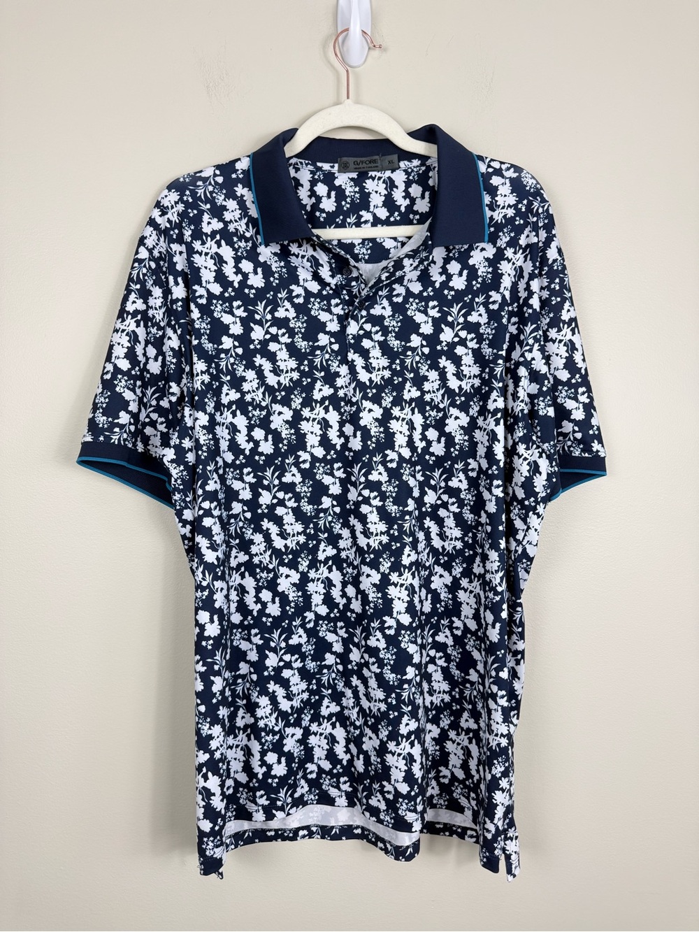 G/FORE Blossom Rib Collar Tech Polo Mens XL Golf Sports Floral Blue White Top
